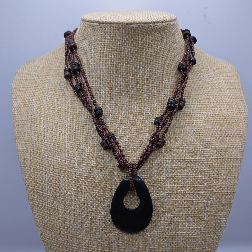 Elegant Brown Ethnic Style Carved Pendant Multi Strand Necklace